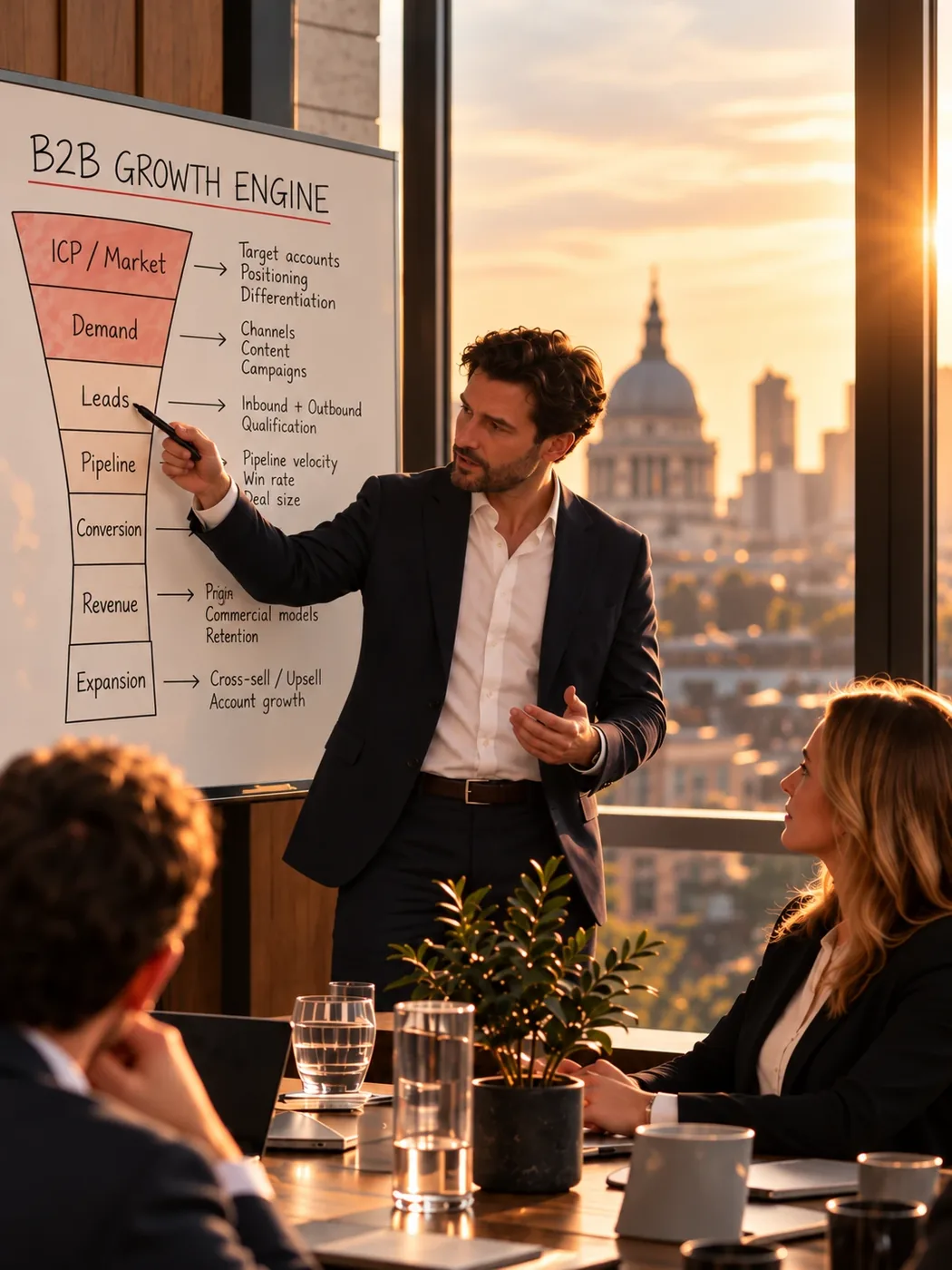 A growth leader mapping a B2B growth engine, from ICP and demand through pipeline to revenue and expansion, on a whiteboard in a sunlit meeting room.