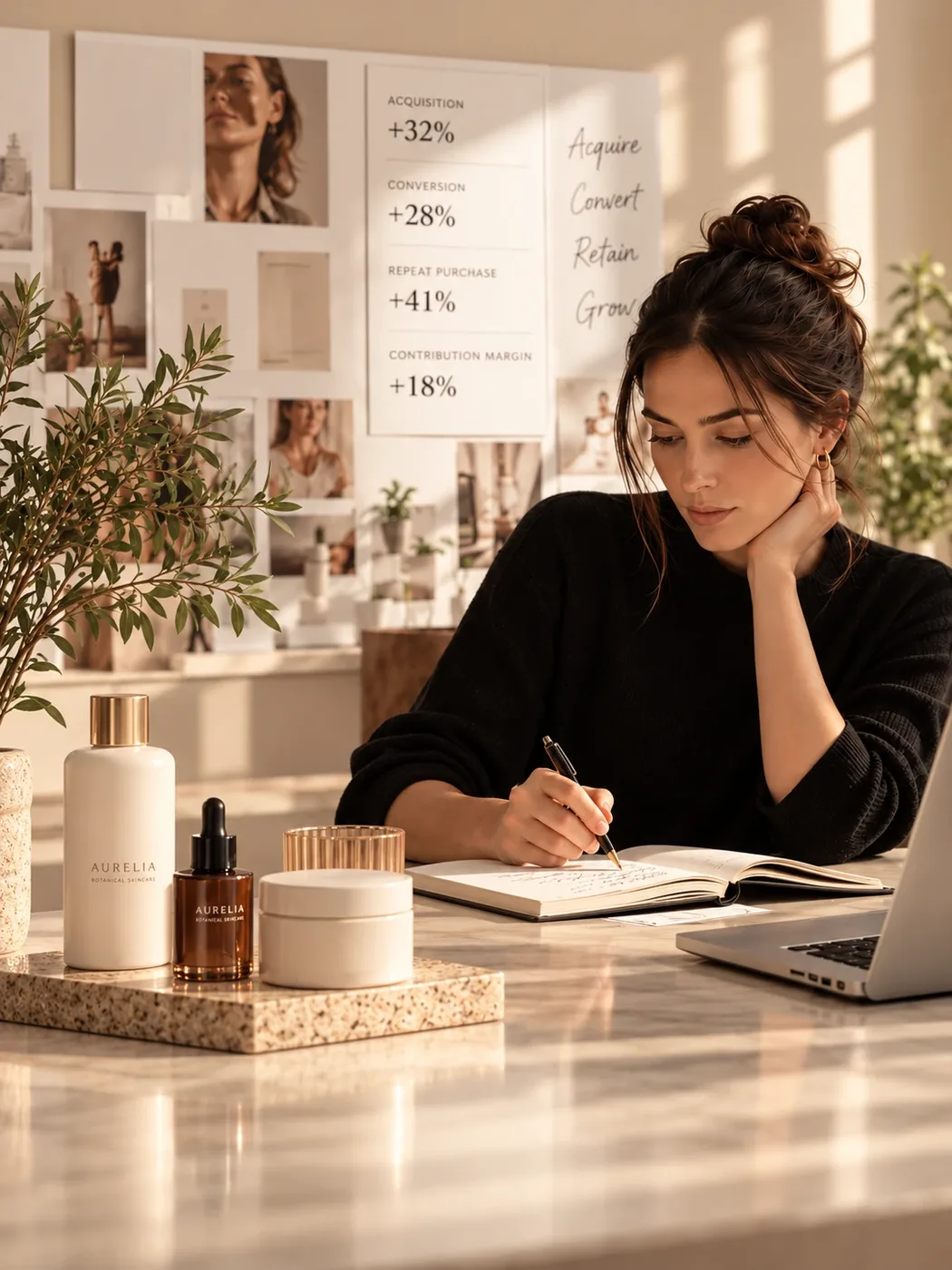 An ecommerce founder planning at a sunlit desk beside her skincare range, with a wall of campaign imagery behind her.